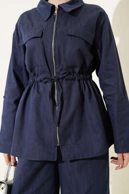 Bel Tünelli Fermuarlı Kot İkili Takım İndigo - İkili Takım