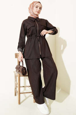 Bel Tünelli Fermuarlı Kot İkili Takım Kahve - HATUN