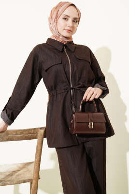 Bel Tünelli Fermuarlı Kot İkili Takım Kahve - İkili Takım