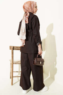 Bel Tünelli Fermuarlı Kot İkili Takım Kahve - İkili Takım