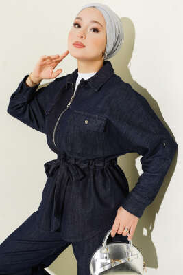 Bel Tünelli Fermuarlı Kot İkili Takım Lacivert - İkili Takım