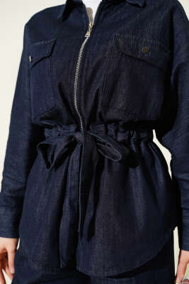 Bel Tünelli Fermuarlı Kot İkili Takım Lacivert - İkili Takım