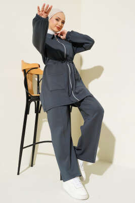 Bel Tünelli Fermuarlı Scuba İkili Takım Kayrak Grisi - İkili Takım