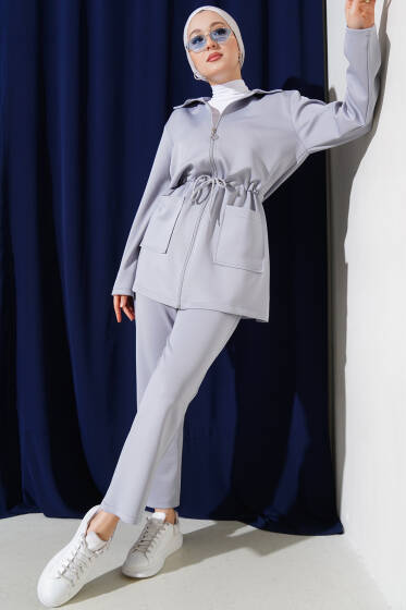 Bel Tünelli Fermuarlı Scuba Takım Gri - İkili Takım