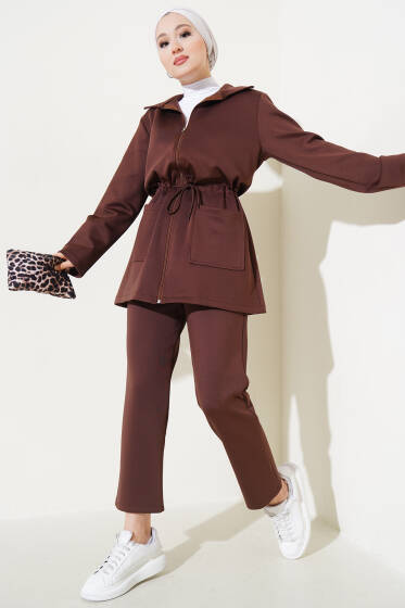 Bel Tünelli Fermuarlı Scuba Takım Kahve - İkili Takım