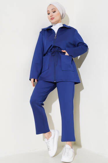 Bel Tünelli Fermuarlı Scuba Takım Lacivert - İkili Takım