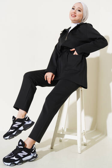 Bel Tünelli Fermuarlı Scuba Takım Siyah - İkili Takım