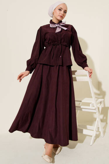 Bel Tünelli Fularlı Tensel Etekli Takım Burgonya - İkili Takım