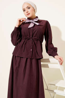 Bel Tünelli Fularlı Tensel Etekli Takım Burgonya - İkili Takım