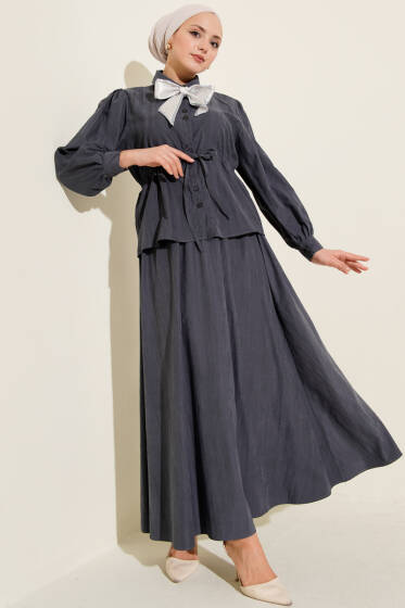 Bel Tünelli Fularlı Tensel Etekli Takım Füme - İkili Takım