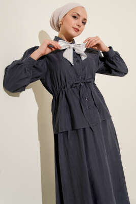 Bel Tünelli Fularlı Tensel Etekli Takım Füme - İkili Takım