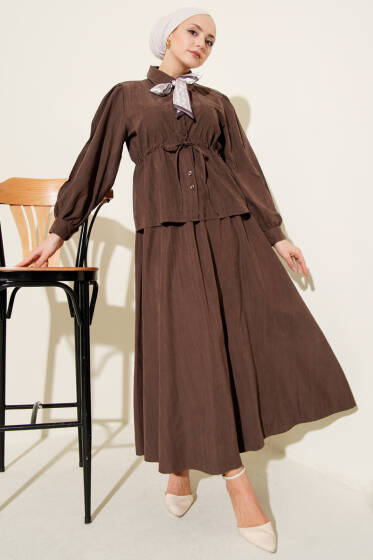 Bel Tünelli Fularlı Tensel Etekli Takım Kahve - İkili Takım
