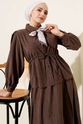 Bel Tünelli Fularlı Tensel Etekli Takım Kahve - İkili Takım