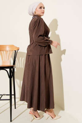 Bel Tünelli Fularlı Tensel Etekli Takım Kahve - İkili Takım