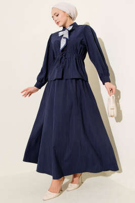 Bel Tünelli Fularlı Tensel Etekli Takım Lacivert - DUFON