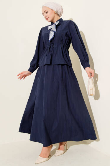 Bel Tünelli Fularlı Tensel Etekli Takım Lacivert - İkili Takım