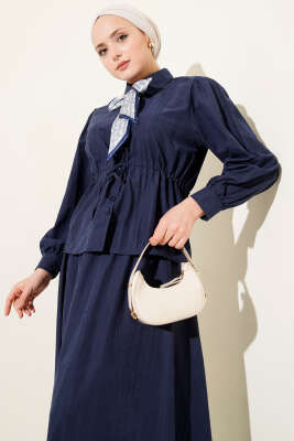 Bel Tünelli Fularlı Tensel Etekli Takım Lacivert - İkili Takım