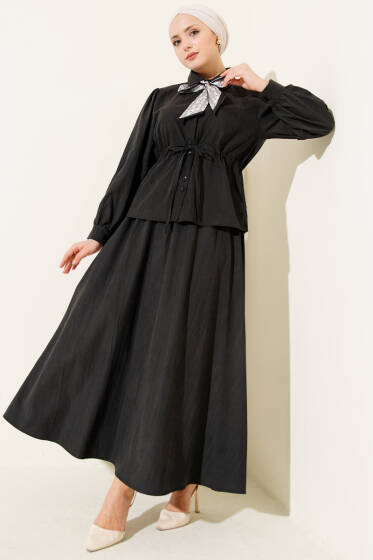 Bel Tünelli Fularlı Tensel Etekli Takım Siyah - İkili Takım