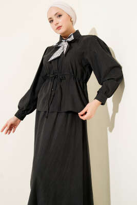 Bel Tünelli Fularlı Tensel Etekli Takım Siyah - İkili Takım