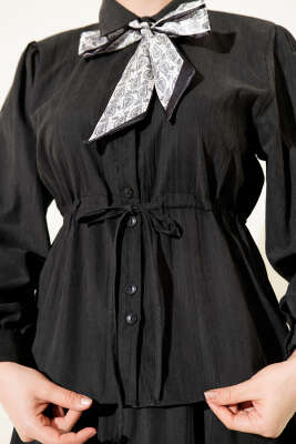 Bel Tünelli Fularlı Tensel Etekli Takım Siyah - İkili Takım