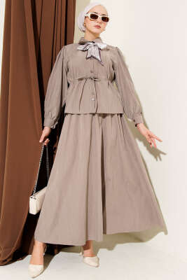 Bel Tünelli Fularlı Tensel Etekli Takım Vizon - DUFON