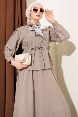 Bel Tünelli Fularlı Tensel Etekli Takım Vizon - İkili Takım