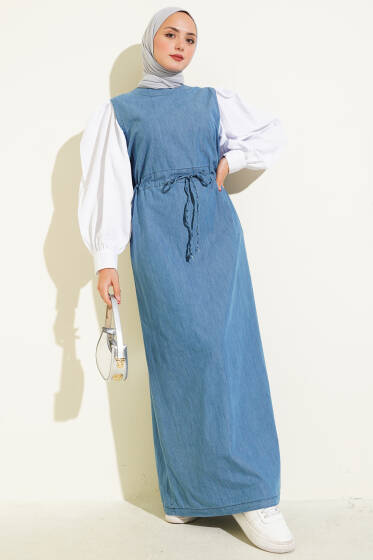 Bel Tünelli Garnili Kot Elbise Mavi - Elbise