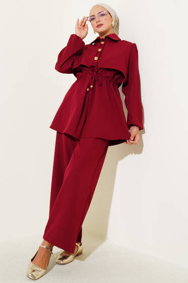 Bel Tünelli Gold Düğmeli Dabıl İkili Takım Bordo - İkili Takım