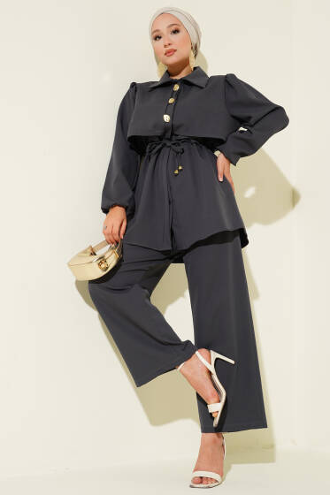 Bel Tünelli Gold Düğmeli Dabıl İkili Takım Füme - İkili Takım
