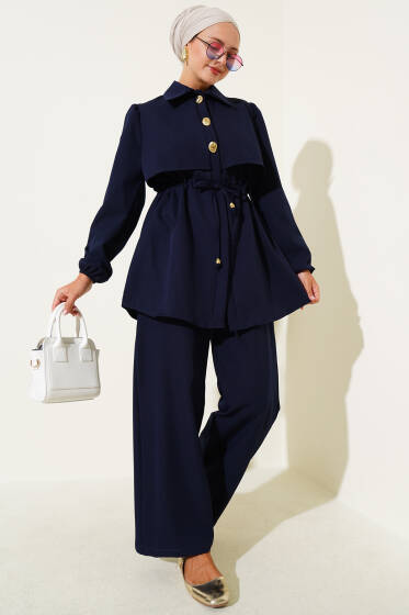 Bel Tünelli Gold Düğmeli Dabıl İkili Takım Lacivert - İkili Takım