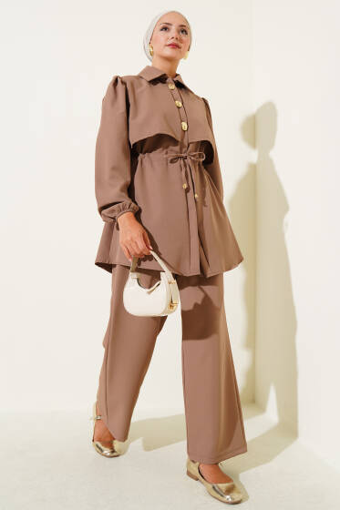 Bel Tünelli Gold Düğmeli Dabıl İkili Takım Latte - İkili Takım