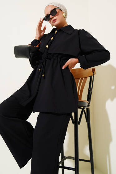 Bel Tünelli Gold Düğmeli Dabıl İkili Takım Siyah - İkili Takım