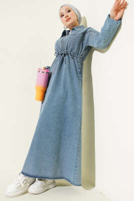 Bel Tünelli Gömlek Yaka Kot Elbise Açık Mavi - MUSTİ