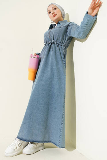 Bel Tünelli Gömlek Yaka Kot Elbise Açık Mavi - Elbise