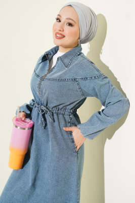 Bel Tünelli Gömlek Yaka Kot Elbise Açık Mavi - Elbise