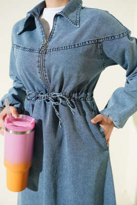 Bel Tünelli Gömlek Yaka Kot Elbise Açık Mavi - Elbise