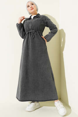 Bel Tünelli Gömlek Yaka Kot Elbise Füme - MUSTİ