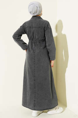 Bel Tünelli Gömlek Yaka Kot Elbise Füme - Elbise