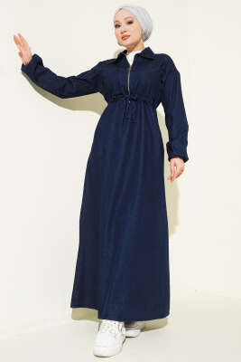 Bel Tünelli Gömlek Yaka Kot Elbise Lacivert - MUSTİ