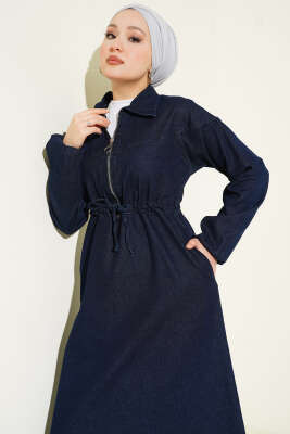 Bel Tünelli Gömlek Yaka Kot Elbise Lacivert - Elbise