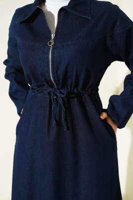 Bel Tünelli Gömlek Yaka Kot Elbise Lacivert - Elbise