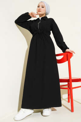 Bel Tünelli Gömlek Yaka Kot Elbise Siyah - MUSTİ