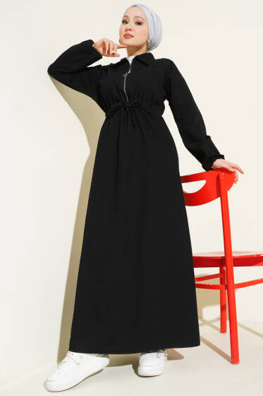 Bel Tünelli Gömlek Yaka Kot Elbise Siyah - Elbise