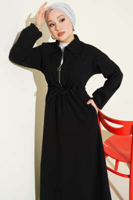 Bel Tünelli Gömlek Yaka Kot Elbise Siyah - Elbise