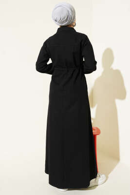 Bel Tünelli Gömlek Yaka Kot Elbise Siyah - Elbise