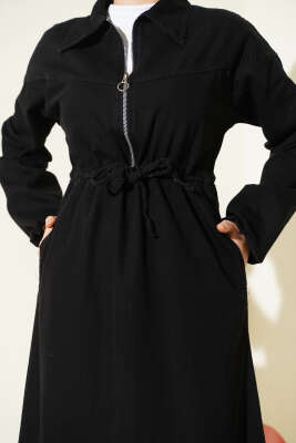 Bel Tünelli Gömlek Yaka Kot Elbise Siyah - Elbise