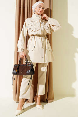 Bel Tünelli Güpür Parçalı İkili Takım Bej - TEGOE