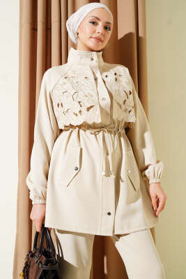 Bel Tünelli Güpür Parçalı İkili Takım Bej - İkili Takım