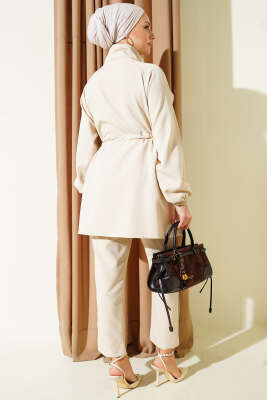 Bel Tünelli Güpür Parçalı İkili Takım Bej - İkili Takım