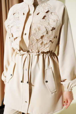 Bel Tünelli Güpür Parçalı İkili Takım Bej - İkili Takım